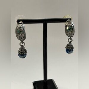 vintage Bali-inspired silver dangle earrings with a green rhinestone blue glass